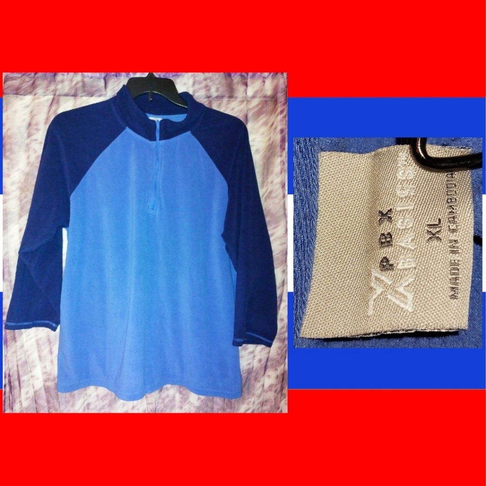 PBX Basics brand Med Blue/Navy Blue Colorblock Knit Fleece Raglan Pullover Sz XL